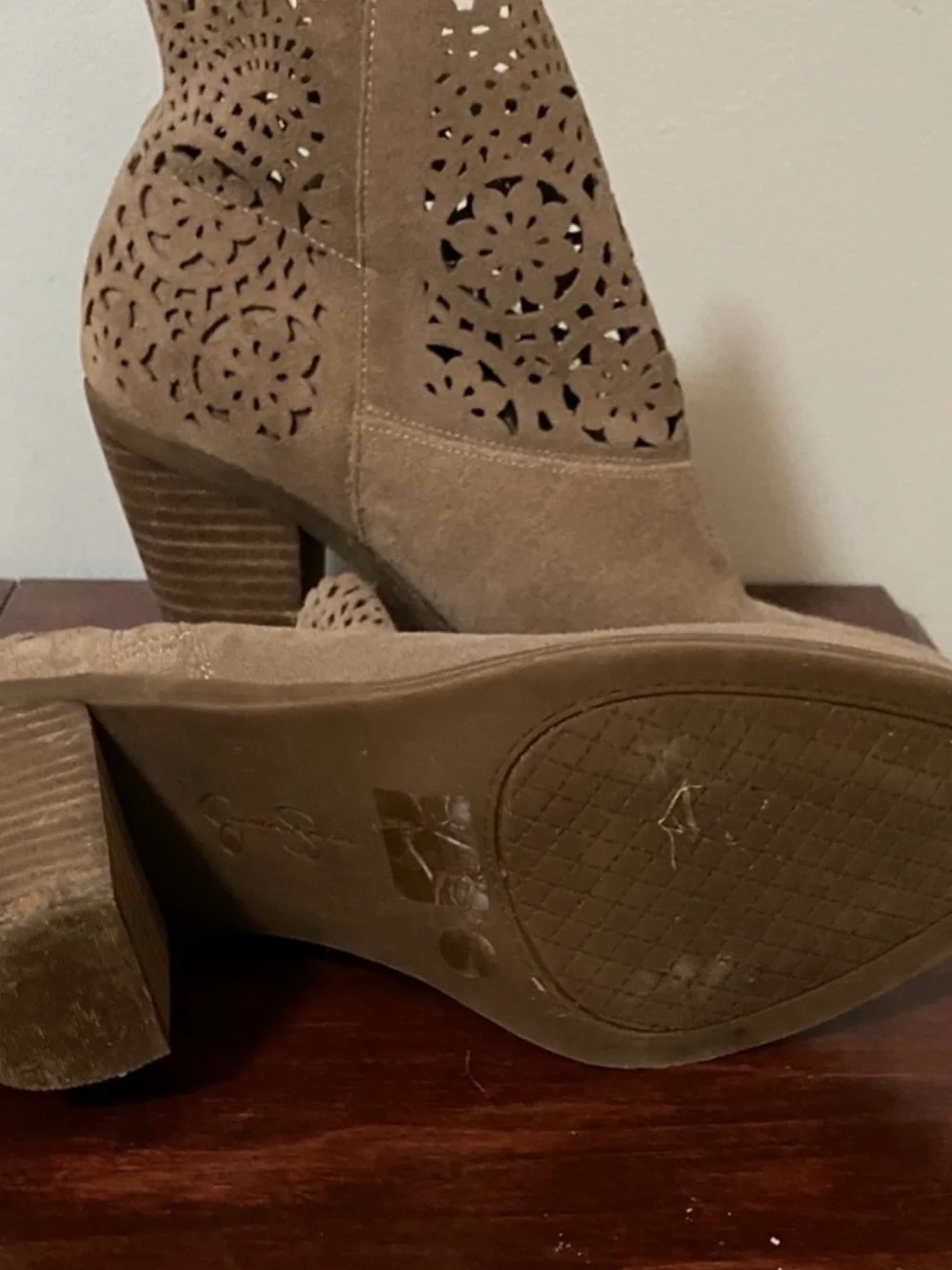 Jessica Simpson Taupe Suede Laser-Cut Ankle Booties